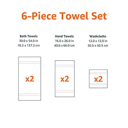 Amazon Basics 6-Piece Fade Resistant Bath towel, Hand and Washcloth Set - Cotton, Gray, 14.25" L x 10.85" W