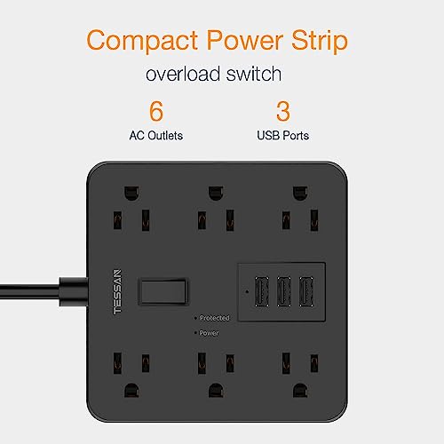 Surge Protector Power Strip Black, TESSAN 5 Ft Extension Cord with 6 Outlets 3 USB Charger, 1700J Flat Plug Desktop Charging Station for Home, Office, School, College Dorm Room Essential