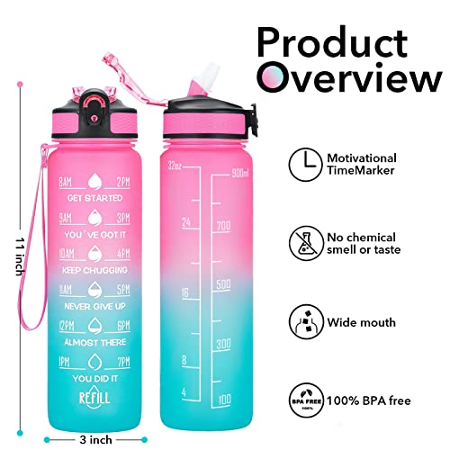 Hyeta 32 oz Water Bottles with Times to Drink and Straw, Motivational Water Bottle with Time Marker, Leakproof & BPA Free, Drinking Sports Water Bottle for Fitness, Gym & Outdoor, Pink-Green