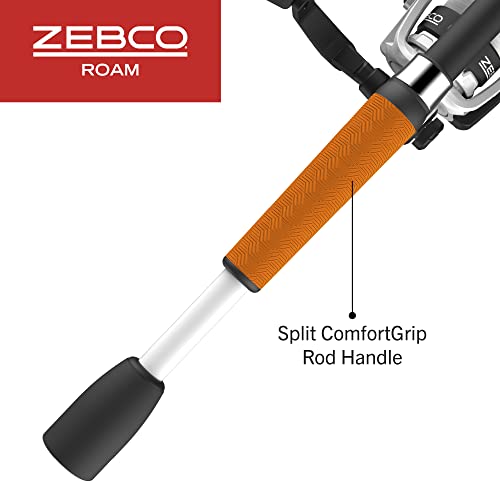 Zebco Roam Spinning Reel and Fishing Rod Combo, 6-Foot 6-Inch 2-Piece Fiberglass Fishing Pole, Split ComfortGrip Rod Handle, Soft-Touch Handle Knob, Size 30 Reel, Aluminum Spool, Orange