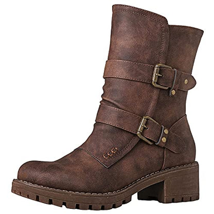 GLOBALWIN Women's Biker Boots Lace up Mid Calf Motorcycle Fashion Festival Boots Combat Riding Military Boots for Women Brown 8.5M