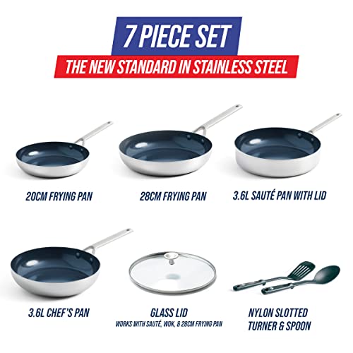 Blue Diamond Cookware Tri-Ply Stainless Steel Ceramic Nonstick, 7 Piece Cookware Pots and Pans Set, PFAS-Free, Multi Clad, Induction, Dishwasher Safe, Oven Safe, Silver