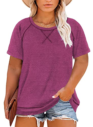 Happy Sailed Womens Plus Size Round Neck Short Sleeve T Shirt Loose Casual Tunic Blouse Tops,2X Purple