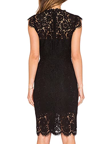 MEROKEETY Women's Sleeveless Lace Floral Elegant Cocktail Dress Crew Neck Knee Length for Party A-Black