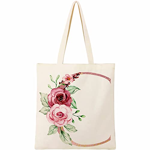 BeeGreen Initial Canvas Tote Bag Floral Personalized Tote Bag for Women w 2 Pockets Monogram Gift Bag for Bridesmaid Wedding Bachelorette Party Reusable Grocery Shopping Bag Letter C