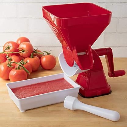 CucinaPro Tomato Strainer- Easily Juices w No Peeling Deseeding or Coring Necessary- Suction Cup Base, Food Press- Homemade Pasta Sauces, Fresh Salsas, Puree Maker- Farm to Table Summer Garden Cooking