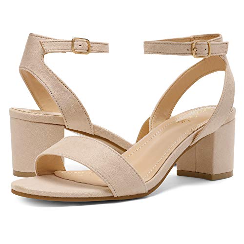 DREAM PAIRS Womens Carnival-W Open Toe Ankle Strap Low Block Chunky Heels Sandal Party Dress Pumps Shoes, Nude/Suede - 7 Wide