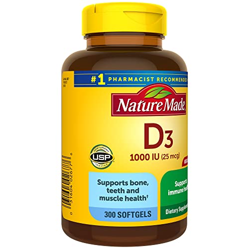 Nature Made Vitamin D3 1000 IU (25 mcg), Dietary Supplement for Bone, Teeth, Muscle and Immune Health Support, 300 Softgels, 300 Day Supply