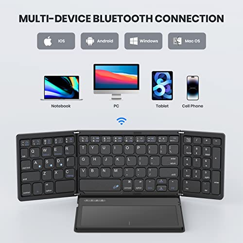 GEODMAER Foldable Bluetooth Keyboard, Portable Full Size Folding Keyboard with Large Touchpad, Numeric Keypad, PU Leather, Wireless Travel Keyboard for Windows iOS Android Mac (Sync up to 3 Devices)