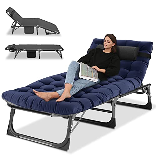 Portable Folding Camping Cot, Adjustable 4-Position Adults Reclining Chaise with Pillow, Outdoor Lounge Chair Sleeping Cots Bed, Perfect for Camping, Pool, Beach, Patio