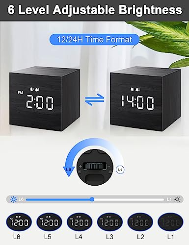 JALL Digital Alarm Clock, with Wooden Electronic LED Time Display, Dual Alarm, 2.5-inch Cubic Small Mini Wood Made Electric Clocks for Bedroom, Bedside, Desk, Black