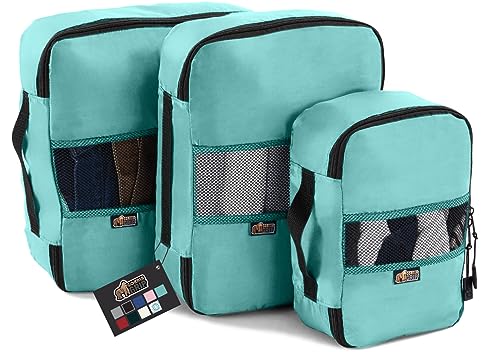 Gorilla Grip 3 Piece Packing Cubes Set, Compression Space Saving Organizers for Suitcases and Luggage, Mesh Window Bags, Travel Essentials for Carry On, Clothes and Shoes, Cube with Zipper, Turquoise