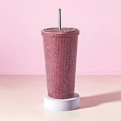 Paris Hilton Diamond Bling Water Tumbler With Lid And Straw, Vacuum Insulated Stainless Steel, Bedazzled With Over 3700 Rhinestones, 16.9-Ounce, Pink