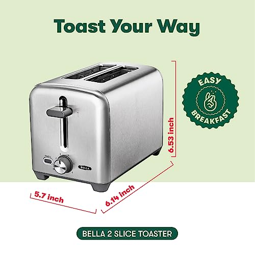 BELLA Stainless Steel 2 Slice Toaster with Extra Wide Slots & Removable Crumb Tray - 6 Browning Options, Auto Shut Off & Reheat Function - Toast Bread, Bagel & Waffle