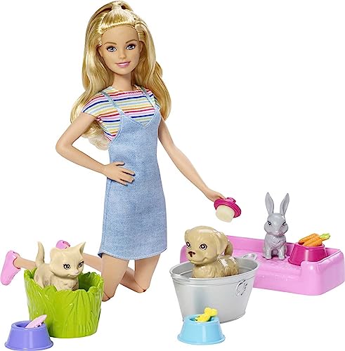 Barbie Play 'N Wash Pets Doll & Playset with 3 Color-Change Animals & 10 Accessories, Blonde Doll with Blue Eyes