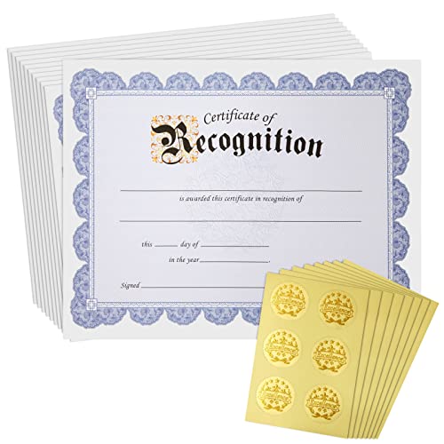 48 Sheets Blue Certificate of Recognition Award Paper with Gold Foil Sticker Seals for Graduation Diploma, Achievements, Employees (8.5 x 11 in)