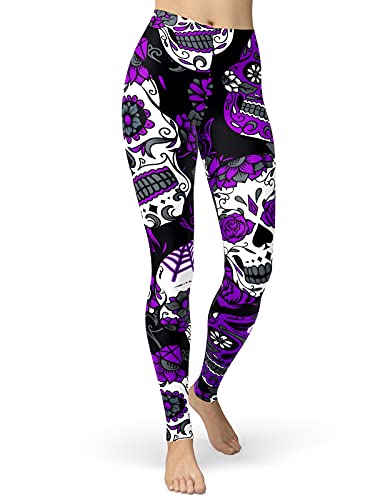 sissycos Women's Sugar Skull Leggings Buttery Soft Rose Printed Halloween Stretchy Pants (Large, Purple)