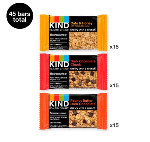 KIND Healthy Grains Bars, Variety Pack, Dark Chocolate Chunk, Oats & Honey, Peanut Butter Snacks, Gluten Free, 45 Count