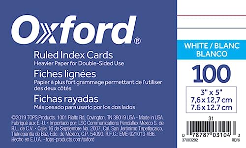 Oxford Ruled Index Cards, 3" x 5", White, 100-Pack (31)