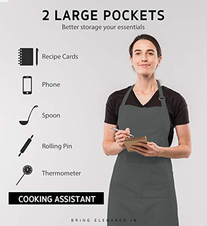 Syntus 2 Pack Adjustable Bib Apron Waterdrop Resistant with 2 Pockets Cooking Kitchen Aprons for BBQ Drawing, Women Men Chef, Grey