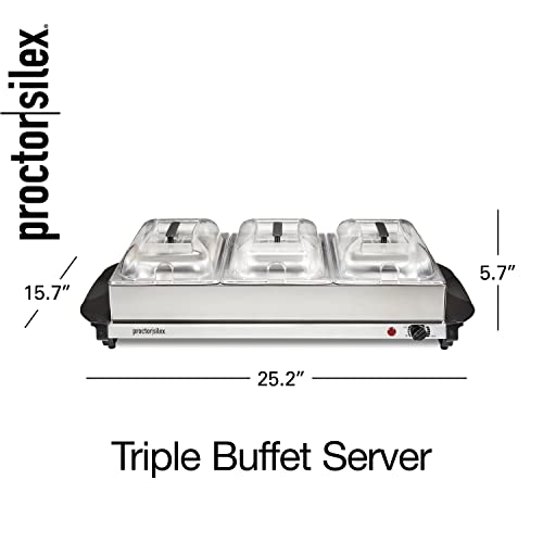 Proctor Silex Buffet Server & Food Warmer, Adjustable Heat, for Parties, Holidays and Entertaining, Three 2.5 Quart Oven-Safe Chafing Dish Set, Stainless Steel