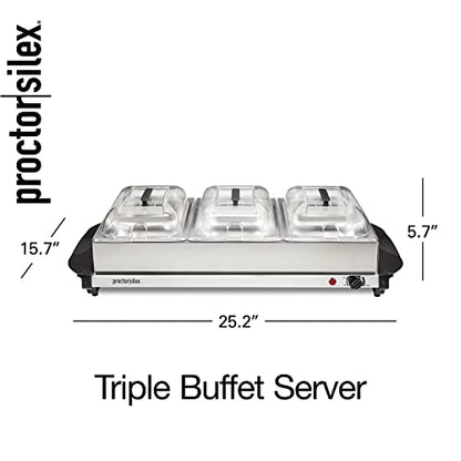 Proctor Silex Buffet Server & Food Warmer, Adjustable Heat, for Parties, Holidays and Entertaining, Three 2.5 Quart Oven-Safe Chafing Dish Set, Stainless Steel