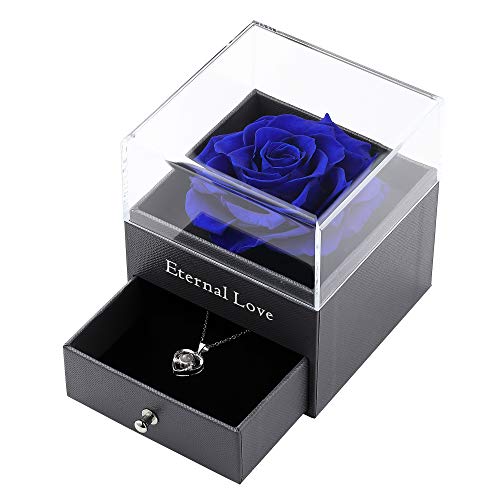 Ocosy Mothers Day Flower Gifts for Her, Preserved Real Flower Rose with Silver-Tone Heart Necklace I Love You in 100 Languages Gift Set, Enchanted Flower Rose Gifts, Blue