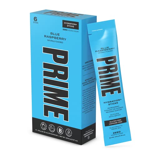 Prime Hydration+ Stick Pack | Electrolyte Drink Mix | 10% Coconut Water | 250mg BCAAs | Antioxidants | Naturally Flavored | Zero Added Sugar | Easy Open Single-Serving Stick | BLUE RASPBERRY, 6 Sticks