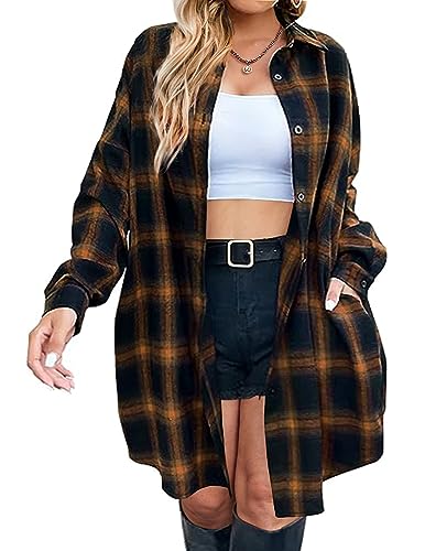 IN'VOLAND Women's Button Down Flannel Shirts Plaid Shacket Long Sleeve Collared Plus Size Long Jacket Coats 26W