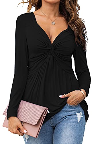 Tankaneo Womens V-Neck Front Knotted Blouse Shirt Long Sleeve Elegant Casual T-Shirt Solid Color Pullover Tops