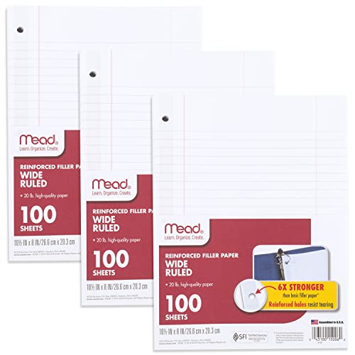 Mead Loose Leaf Paper, 3 Pack, Notebook Paper, Wide Ruled Filler Paper, Reinforced, 8 x 10.5, 100 Sheets per Pack (38038)