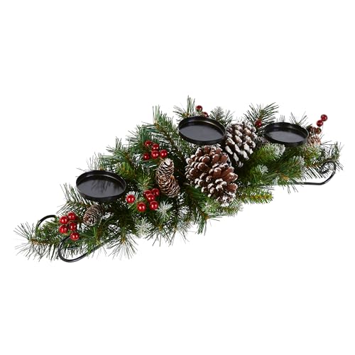 National Tree Company Artificial Christmas Centerpiece | Includes 3 Candle Holders, Red Berries, Pine Cones and Steal Base | Frosted Berry - 30 Inch
