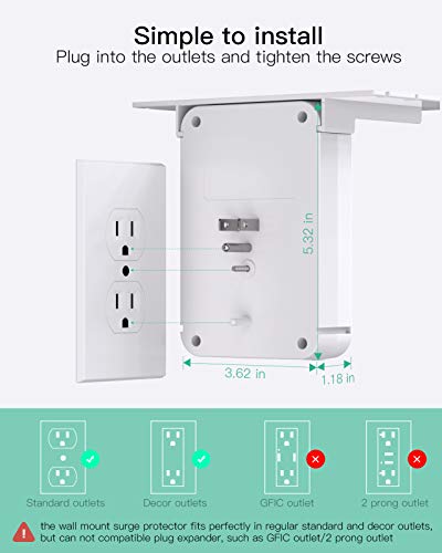 Wall Outlet Extender - Surge Protector 6 AC Outlets Multi Plug Outlet with Shelf, 2 USB and USB C Charging Ports Wall Plug Expander, USB Wall Charger Outlet Splitter for Home Dorm