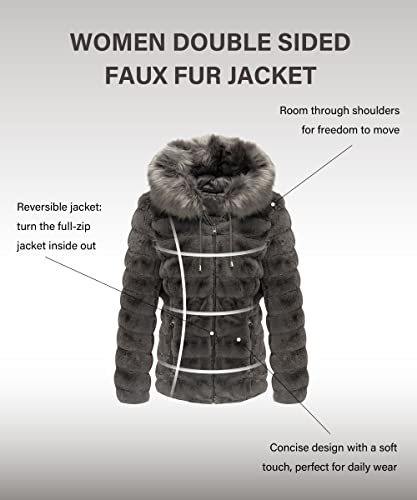 Bellivera Women Double Sided Faux Fur Jacket Reversible Winter with Fur Collar Hood Puffer Coat Worn on Both Sides 19225 Gray M