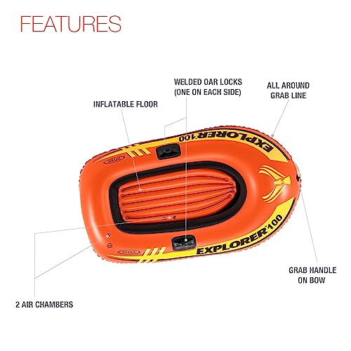 INTEX 58329EP Explorer 100 Inflatable Boat: 1-Person – Dual Air Chambers – Welded Oar Locks – Grab Rope – 120lbs Weight Capacity