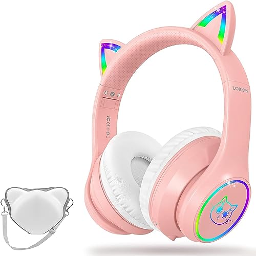 LOBKIN Bluetooth 5.3 Kids Headphones with Case - RGB LED Light Up Cat Ears Foldable Adjustable On-Ear Headset Support Wireless or 3.5mm Wired Mode for Toddler & Girls & Boys Teens (Pink)