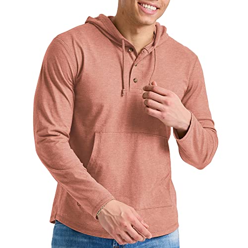 Hanes Men's Originals Tri-Blend Jersey, T-Shirt Hoodie with Henley Collar, Sandalwood RED PE Heather, Medium