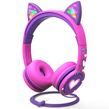 FosPower Kids Headphones with LED Cat Ears, 3.5mm On-Ear Wired Headset with Laced Cables for iPad/Smartphones/PC/Kindle/Tablet/Laptop/School (Max Volume 85dB) - Hot Pink/Purple