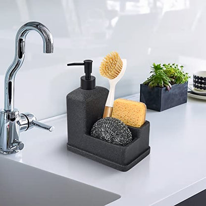 Soap Dispenser with Sponge Holder,Liquid Hand and Dish Soap Dispenser and Spong Caddy with Brush Holder 3 in 1 Countertop Organizer for Kitchen Sink and Bathroom,Black