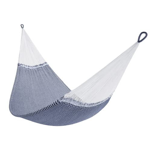Handwoven Hammock by Yellow Leaf Hammocks - Double Size, Fits 1-2 PPL, 400lb max - Weathersafe, Super Strong, Easy to Hang, Ultra Soft, Artisan Made - Color: Stripe Navy Blue - White