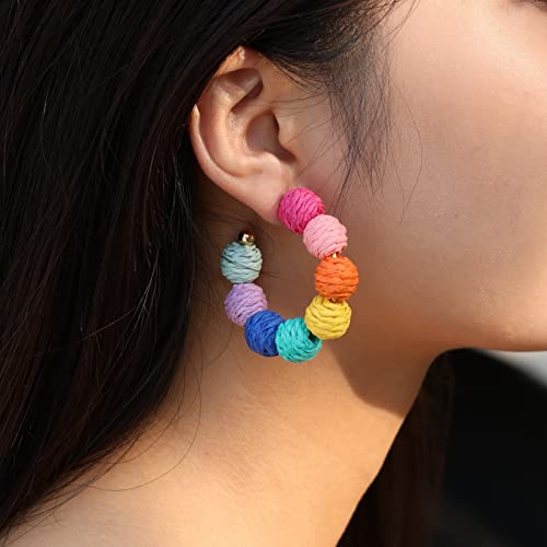 stainless steel Rattan Earrings Summer Boho Raffia Ball Hoop Dangle Earrings for Women Girls Lightweight Straw Wicker Statement Earrings Bohemian Beach Earrings Jewelry Gifts (Colorful)