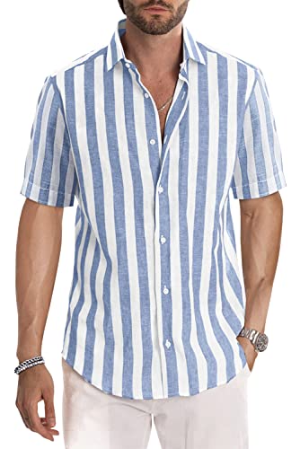 JMIERR Men's Summer Casual Stylish Short Sleeve Button-Up Shirts Cotton Linen Vertical Striped Business Dress Shirts Beach Cruise Shirt Resort Wear Old Money Aesthetic Clothes, US 43(L), Sky Blue