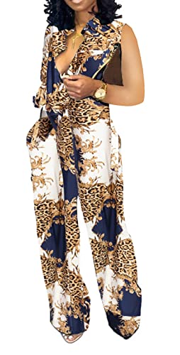 SxClub Sexy Jumpsuits for Women Elegant Floral Leopard V Neck Sleeveless Long Straight Pants Clubwear Rompers with Belt Pockets