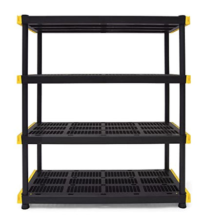 CX Black & Yellow®, 4-Tier Heavy Duty Plastic Storage Shelving Unit, 200lbs/shelf (55”H x 48”W x 20”D), for Indoor/Outdoor Organization, Modular Rack