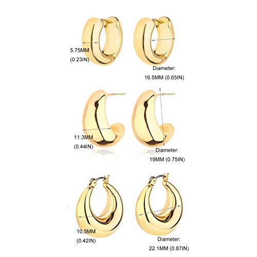 Gold Chunky Hoop Earrings Set for Women, 14K Gold Plated Twisted Huggie Hoop Earring Hypoallergenic, Thick Open Hoops Set Lightweight (3 gold hoop chunky)