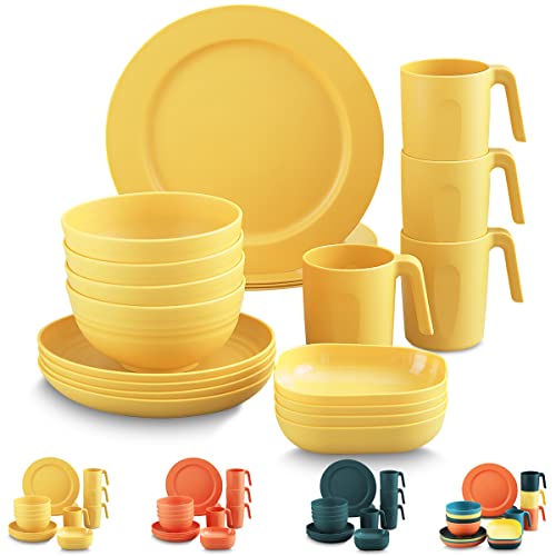 Kyraton Plastic Dinnerware Sets of 20 Pieces, Unbreakable And Reusable Light Weight Plates Mugs Bowls Dishes Easy to Carry And Clean Microwave Safe BPA Free Dishwasher Safe Service For 4 (Gold Yellow)