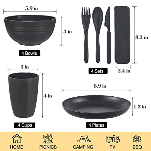 Wheat Straw Dinnerware Sets, 28PCS Plastic Plates and Bowls Sets College Dorm Room Essentials Dishes Set with Cutlery Set Microwave Safe (Black)