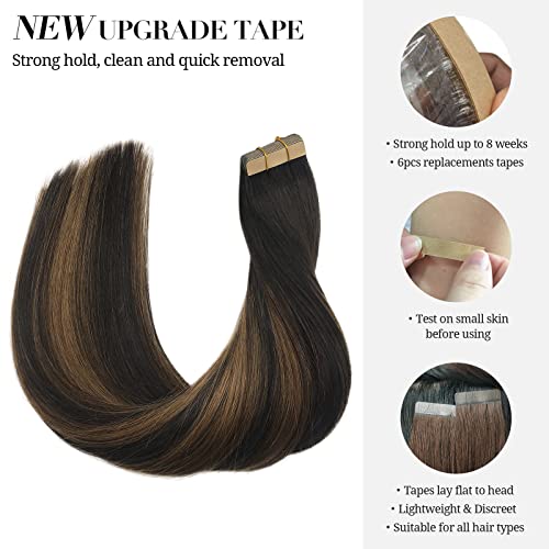 Tape in Hair Extensions Human Hair, Balayage Dark Brown to Chestnut Brown 50g 20pcs 18 Inch, DOORES Human Hair Extensions Natural Hair Extensions Remy Straight Hair Skin Weft