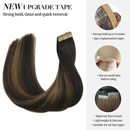 Tape in Hair Extensions Human Hair, Balayage Dark Brown to Chestnut Brown 50g 20pcs 18 Inch, DOORES Human Hair Extensions Natural Hair Extensions Remy Straight Hair Skin Weft