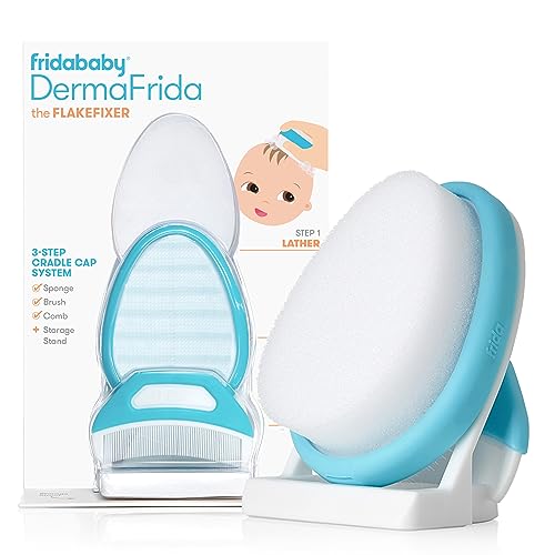 Frida Baby The 3-Step Cradle Cap System | DermaFrida The FlakeFixer | Sponge, Brush, Comb and Storage Stand for Babies with Cradle Cap